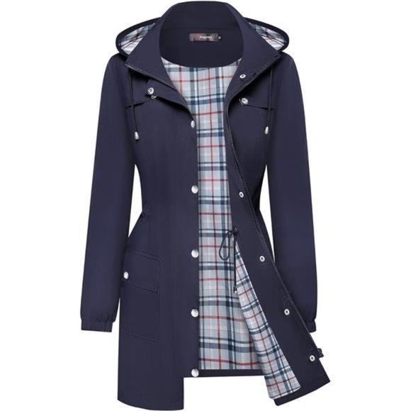 Women's Raincoat Windbreaker Hooded Plaid Lined Trench Coat, Navy Blue